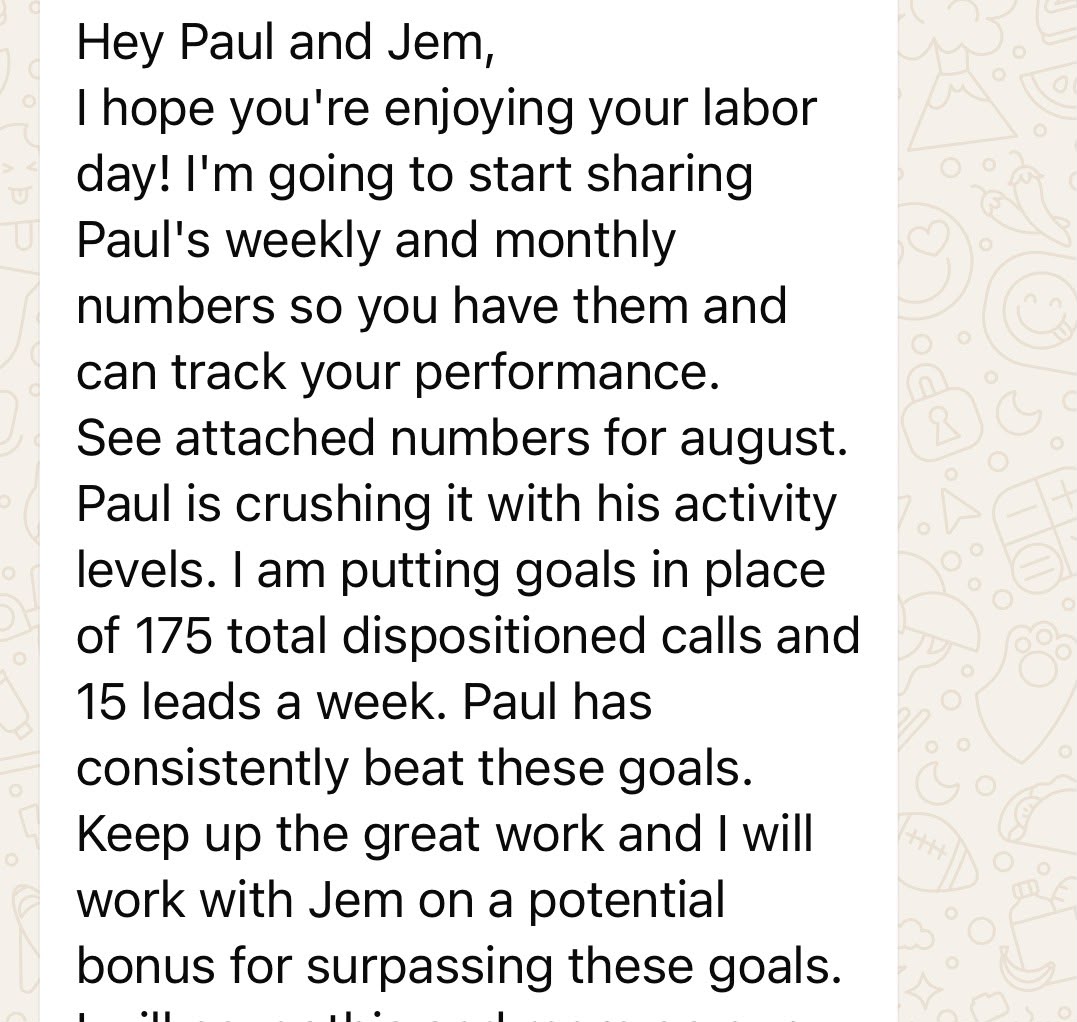 Cold Calling client message: Caller consistently beating weekly goals